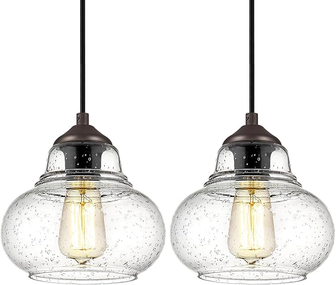 ELYONA 2 Pack Bubble Glass Pendant Lights, 8 Inch Vintage Hanging Lamp Seeded Glass Industrial Pendant Light Fixtures for Kitchen Island, Farmhouse, Bar, Bathroom, Dining Room, Oil Rubbed Bronze
