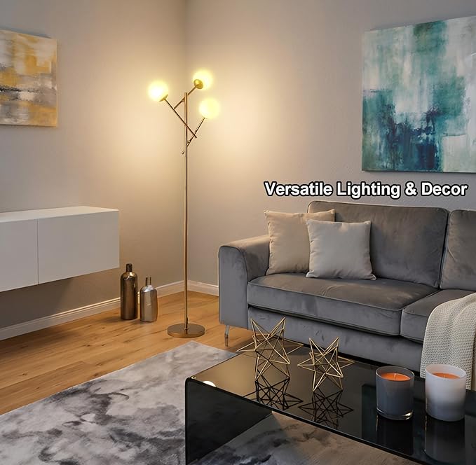 Fiqevs 3-Globe Floor Lamp - Adjustable Mid Century Modern Stand Lamp with Warm White LED Bulbs for Living Room, Bedroom - Antique Brass/Gold