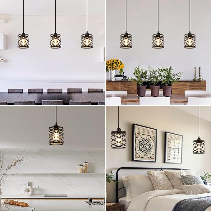 WILON Farmhouse Pendant Lights for Kitchen Island,5.9'' Spiral Cage Pendant Lights,Adjustable Black Industrial Pendant Light Fixtures Retro Lighting for Kitchen Island, Living Room, Bedroom (1-Light)