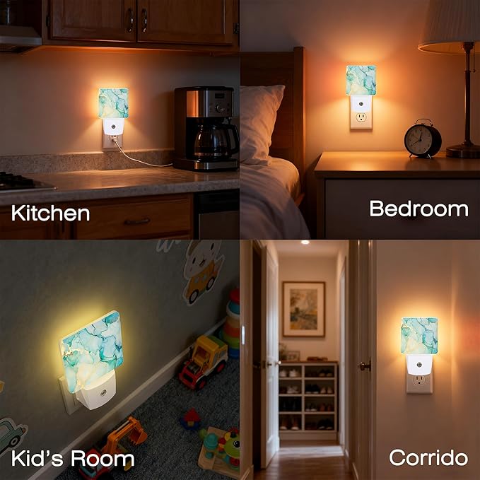 Teal Blue Gold Marble Night Light for Kids, Dusk-to-Dawn Auto Sensor Plug in Night Light, 0.5W Energy Saving Non-Toxic Design for Bedroom/Bathroom, Ideal Gifts for Women, Men & Kids