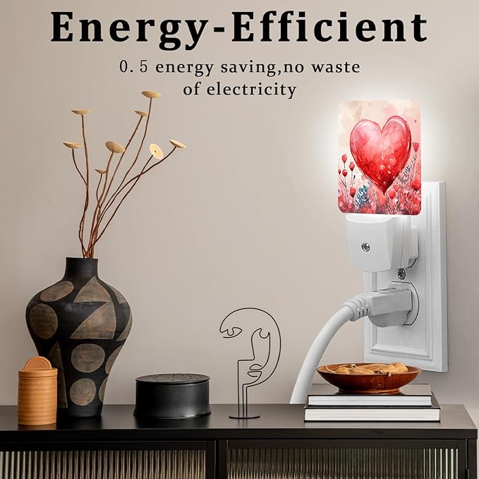 Red Sweet Hearts Night Light, Plug-into Wall Valentine's Flower Love Heart Nightlight Lamp with Dusk to Dawn Sensor, Led Lamp 0.5W Energy Efficient for Boys Girls Adults Home Decor
