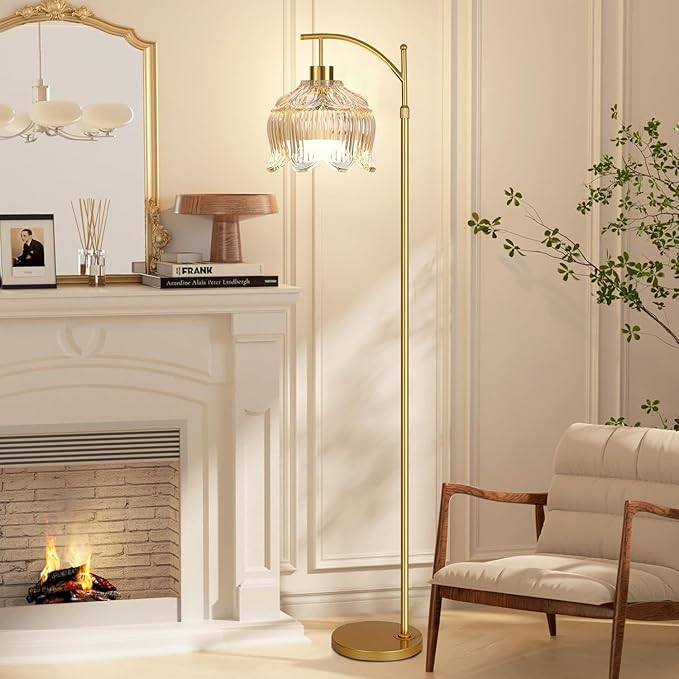Floor Lamp for Living Room,Bedroom,Gold Dimmable Standing Lamp with Remote,Mid Century Modern Brass Tall Lamp Boho Floor Lamps Arc Stained Glass Tulip Flower Floor Light Lamp Girls Bohemian