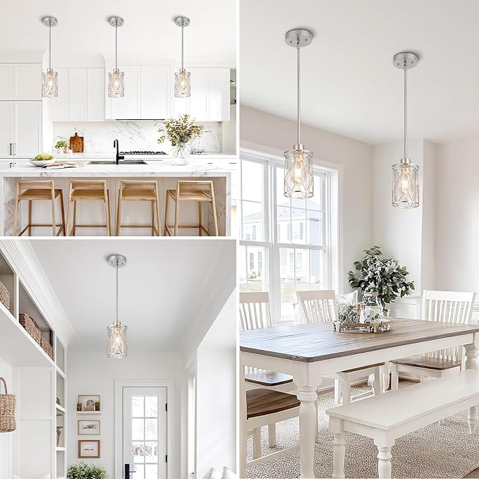 Refice Glass Pendant Lights Kitchen Island, Brushed Nickel Kitchen Hanging Light with Clear Glass, Farmhouse Cage Mini Pendant Lighting for Sink Dining Room Bedroom Bar, 1 Pack