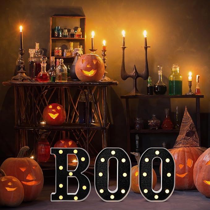 Baquler 3 Pcs Halloween Boo Decorations Light up Boo Sign Marquee LED Letters Lights Decor for Halloween Outdoor Home Room Kitchen Fireplace Tabletop Party Supplies (Black)