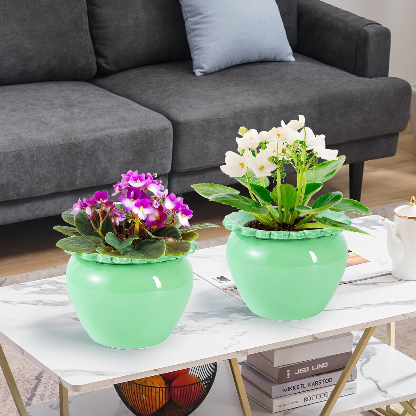 Lovely Ran African Violet Flower Pot Ceramic Self Watering Planter Pot 6.5 * 4.6 * 4 inch Simple Plant Self Watering Pot Green Indoor Flowers High Absorption Herbaceous Flower Pots Modern