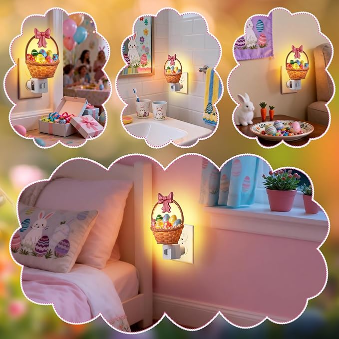 Easter Basket Egg Decorative Nightlight, Easter Cute Resin Plug in Light, 3D Egg Bow Basket Lamp Spring Indoor Bedroom Bathroom Home Decor Lighting Gifts for Kids, Holiday Lamp by C7 LED Bulb