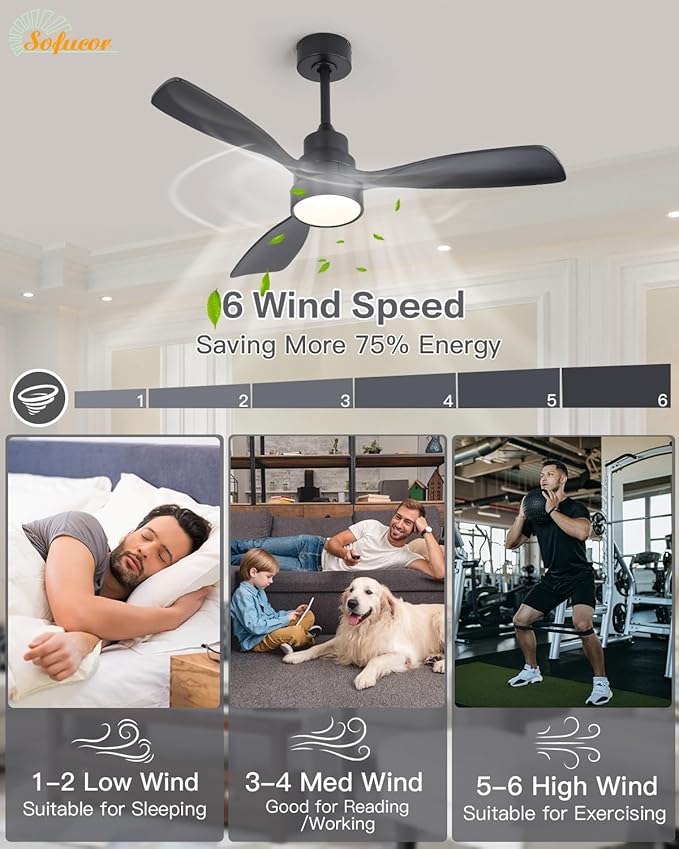 Sofucor 48 Inch Smart Ceiling Fans with Lights-Flush Mount & Downrod Mount Modern Outdoor Ceiling Fans with Alexa/Google Assistant/APP/Remote Control for Bedroom/Farmhouse/Patio, Black & Walnut