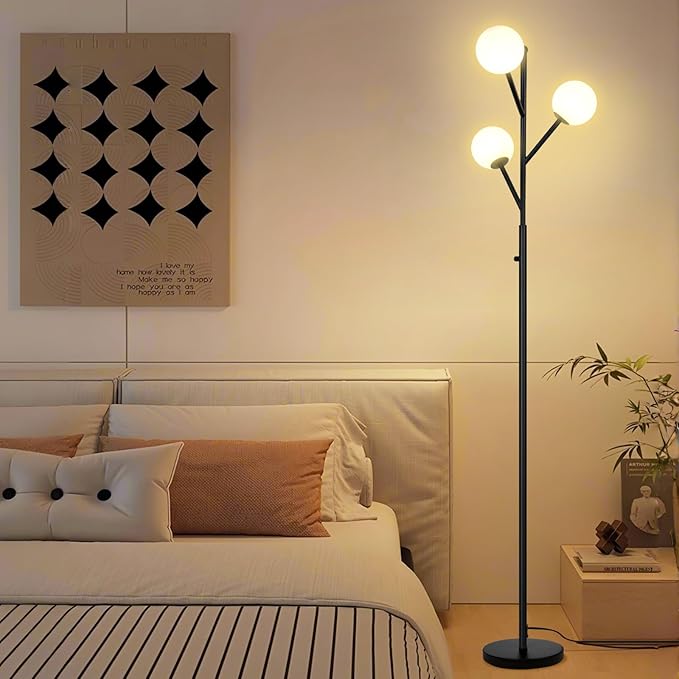 3-Globe Mid Century Black Tree Floor Lamp for Living Room,70in Tall Modern Stepless Dimmable Standing Lamp with Frosted Glass Shade for Office Bedroom, Study Room Bulbs Included(dimmer-Black)