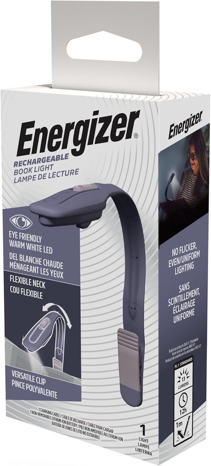 Energizer Flex-R LED Rechargeable Book Light for Reading in Bed, Reading Light with Warm LED Color, Long-Lasting and Lightweight,Purple