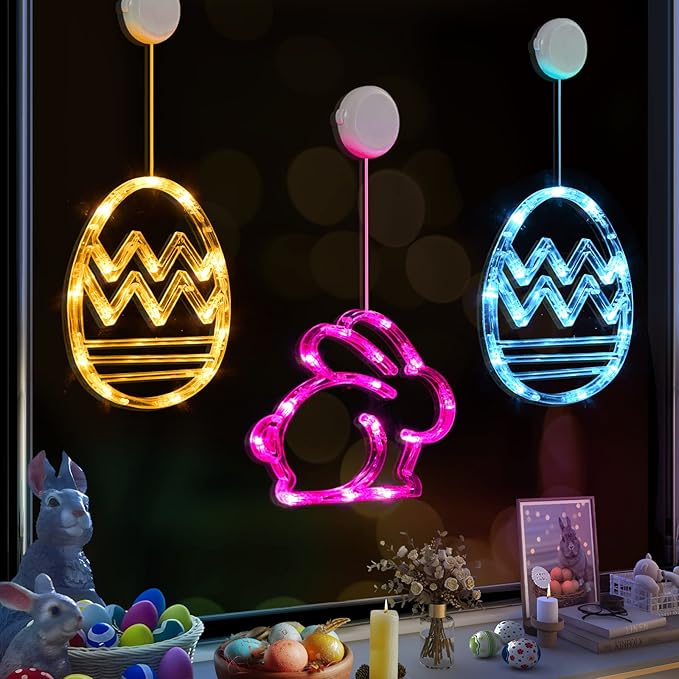 LOLStar Easter Window Decorations, Window Lights, 3 Pack Easter Egg and Bunny Shaped Pink Yellow Blue Hanging String Lights with Suction Cup, Battery Operated Indoor Lights for Home Decor