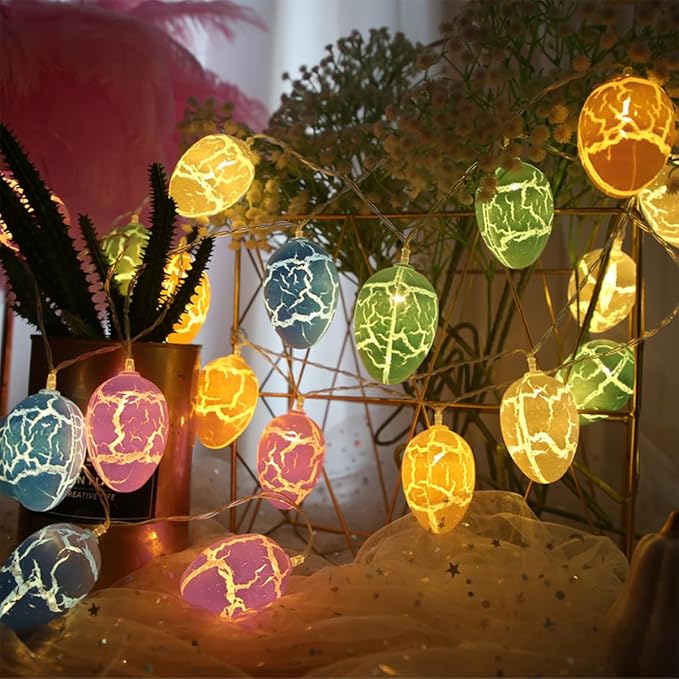 SWEETIME 20 Pcs Easter Egg Lights, 9.84 ft Cracked Egg String Light,Battery Powered Rainbow Lights for for Easter Decor