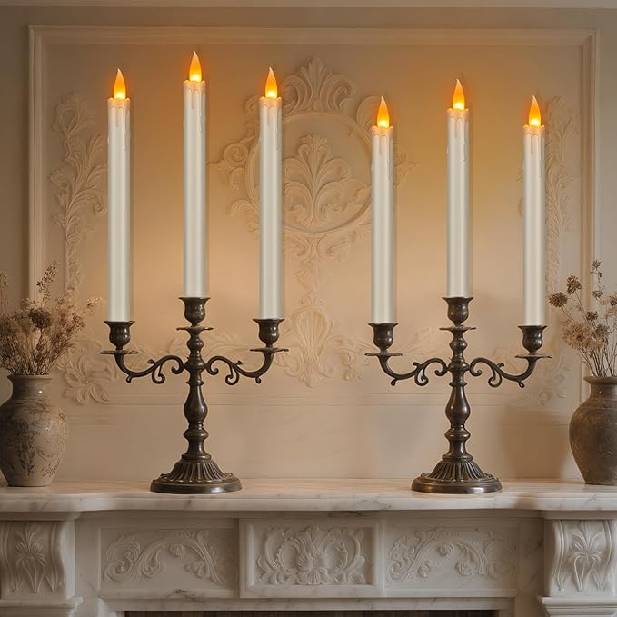 Flickering Flameless Taper Candles, 10" Fake Taper Candles Battery Operated with Timer, Long Lasting-Ivory Electric Led Candlesticks for Xmas Halloween Wedding Home Décor(Ivory Drip, 12 Pack)