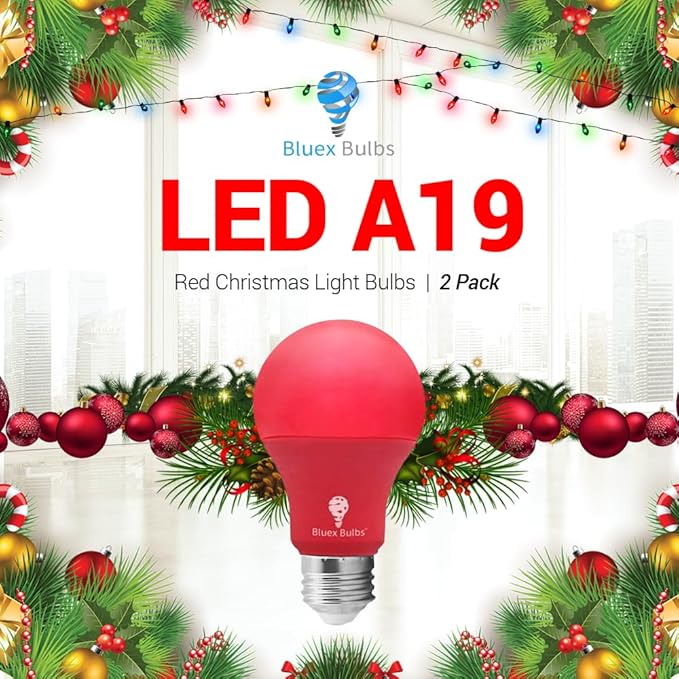 Bluex Bulbs 2 Pack Bluex LED A19 Red Light Bulb - 9W (60Watt Equivalent) - E26 Base Red LED Lights, Party Decoration, Porch, Home Lighting, Holiday Lighting, Decorative Illumination