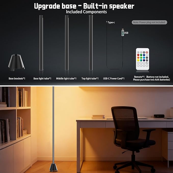 Led Corner Floor Lamp with Speaker, USB Powered Led Lamp App & Remote Control, Color Changing Music Sync IC+RGB, Timer, Music Mode Standing Lamps for Living Room Lamp Bedroom Gaming, 1 Pack