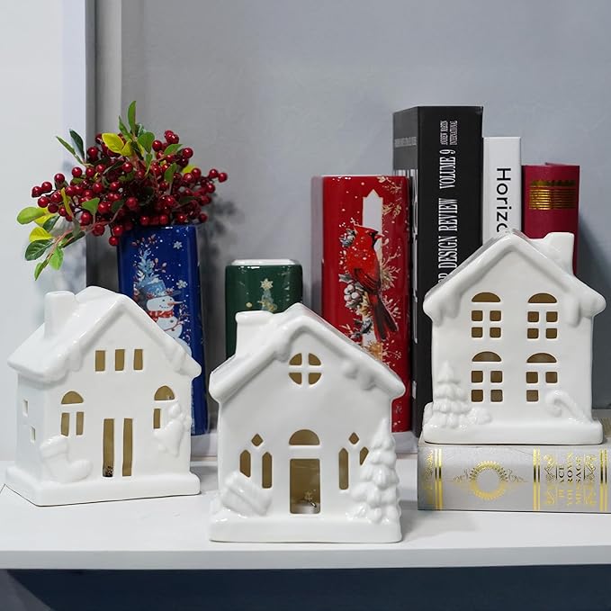 NEROSUN Ceramic Christmas Village Houses, 3Pcs LED Lighted Porcelain White Small House Tabletop Figurines, Light Up Christmas Decorations for Home Shelf Cabinet Table Winter Decor