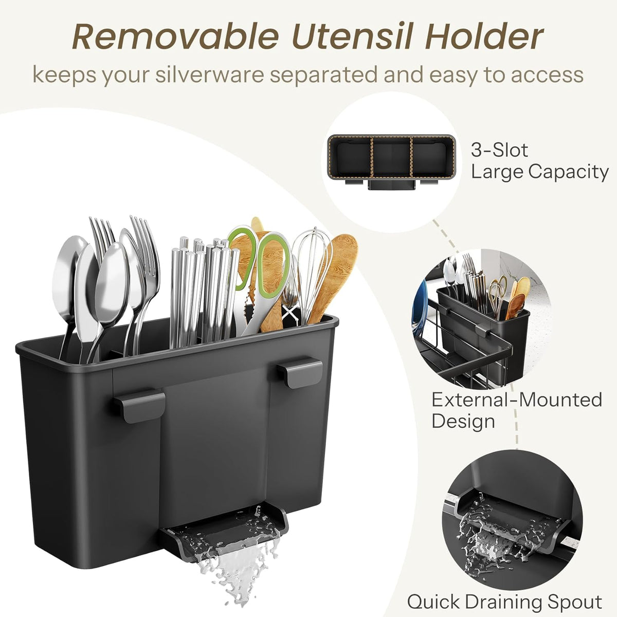 SNTD Dish Drying Rack - Stainless Steel Space-Saving Kitchen Rack with Utensil Holder | 11" W x 15" L (Black)