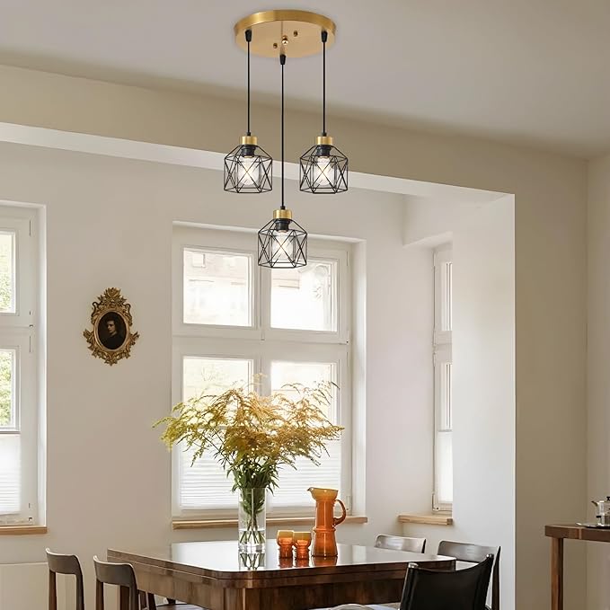 Black and Gold 3-Light Pendant Light Fixture, Farmhouse Hanging Pendant Lighting, Dining Room Chandelier, Industrial Kitchen Island Hanging Light Fixture, Metal Cage Pendant Ceiling Lamp for Kitchen