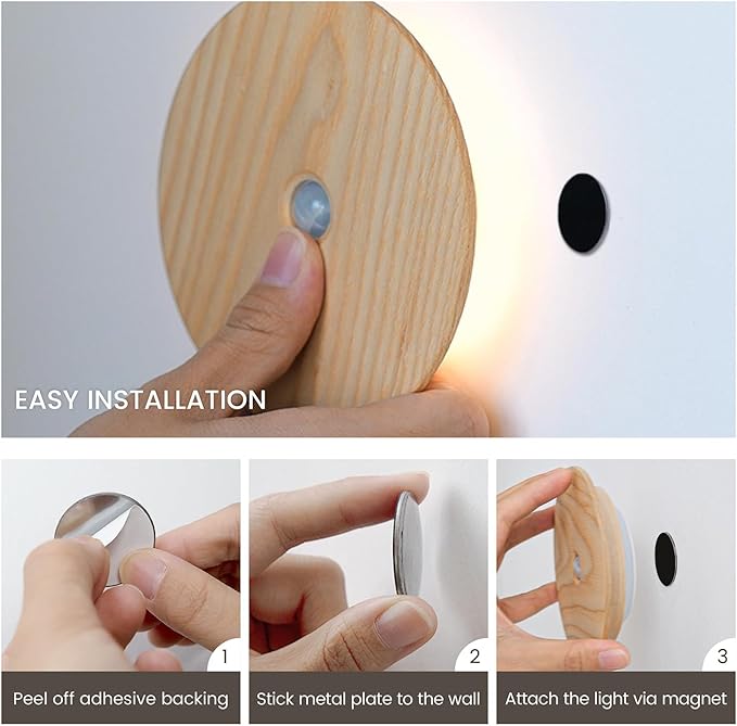 Motion Sensor Night Lights Wood, Rechargeable Battery-Powered Magnetic Stick-On Night Lights Wall Lights for Hallway, Bedroom, and Stairs (Ash Wood *2Pack)