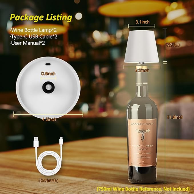 2025 New Wireless Bottle Lamp - LED Bottle Lights for Liquor & Wine Bottles, Cordless Lampshade, Whiskey Bottle Top Light, Bottle Stopper Night Light Kit, Rechargeable 3-Tone Touch-Dimmable 2 PCS
