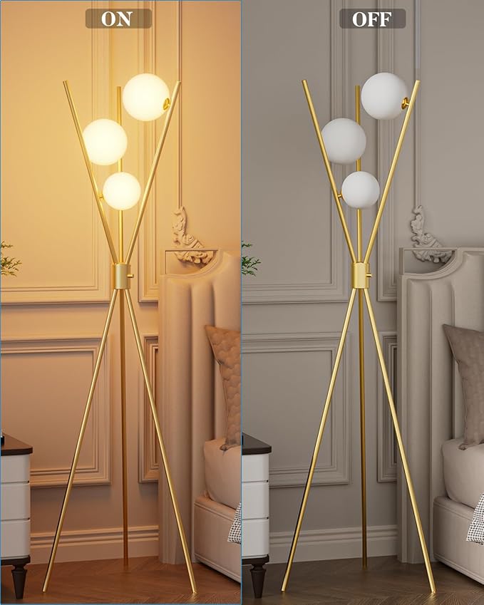 Lightdot Tripod Floor Lamp Stepless Dimmable Globe Modern Floor Lamp Gold Standing Lamps with Stable Base& 3PCS 3000K Bulbs Included Mid Century Floor Lamps for Living Room/Sofa Beside/Corner Decor