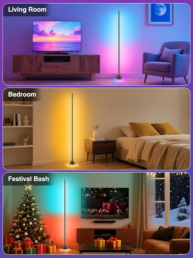 RIYO Corner Floor Lamp - Smart LED Corner Lamp for Bedroom, Living Room & Gaming Room, 16 Million DIY Colors with Music Sync, App & Remote Control, 68 Scene Modes, Modern Ambient Lighting