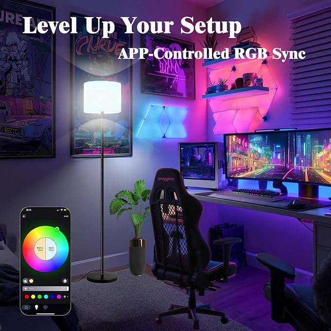 Smart Floor Lamp with APP & Remote Control - Dimmable RGB & White Light (3000K-6500K) for Living Room, Bedroom, Office - Modern Standing Lamp with 9W LED Bulb Included