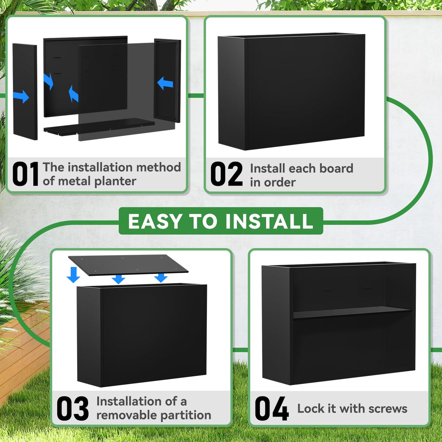 POOAMY Metal Planter, 38L x 10W x 30H, Heavy Duty Tall Planters for Outdoor Plants, Black Planters with Removable Insert Shelf, Large Planters with Drainage Holes for Porch, Patio and Yard, Black