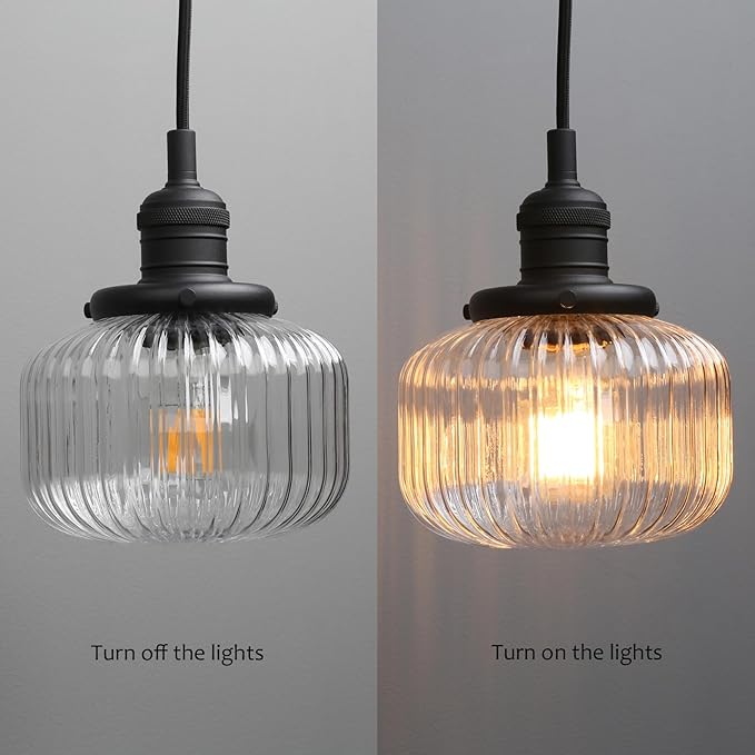 Yosoan Indoor Vintage Edison Hanging Pendant Light, 1-Light Hardwired Modern Vanity Light Industrial Semi Flush Mount Lamp Striped Ribbed Glass Shade for Kitchen Table Bar Island(Black)