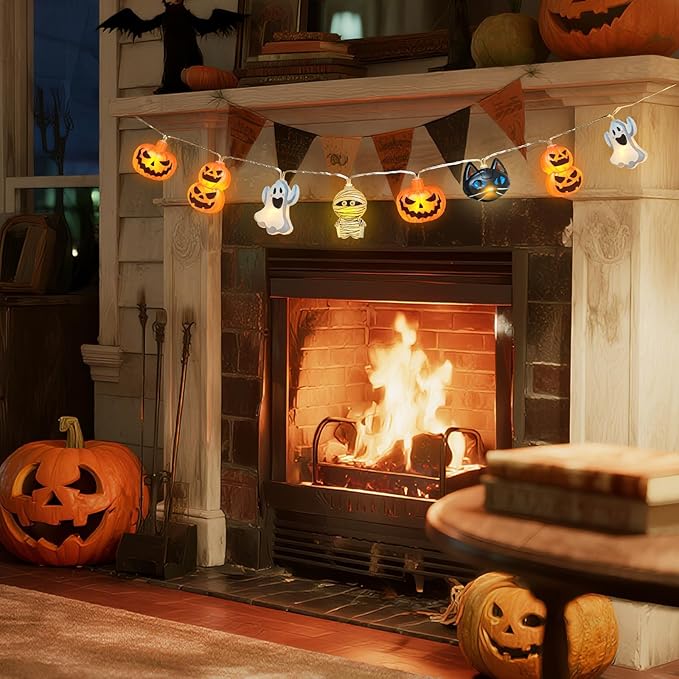 Halloween String Lights Indoor: 9.84 FT 20 LED Battery Operated Pumpkin Ghost Cat Lighted Decorations – 8 Modes Waterproof Timer for Window Porch House Room Bedroom Party Decor