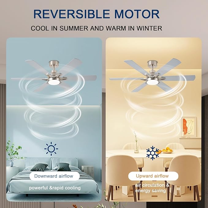 52in Ceiling Fans with Lights RGB Ceiling Fan with Light and Remote/APP Control,Low Profile Ceiling Fans with Lights for Bedroom,Living Room,Kids Room,3CCT Dimmable Modern Ceiling Fan, 6 Speeds,Nickel