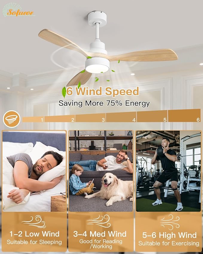 Sofucor 48 Inch Smart Ceiling Fans with Lights-Flush Mount & Downrod Mount Modern Outdoor Ceiling Fans with Alexa/Google Assistant/APP/Remote Control for Bedroom/Farmhouse/Patio, White & Natural Wood