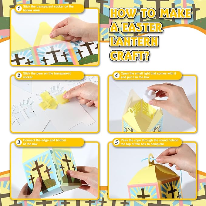 24 Sets Easter Crafts with LED Candle Light He is Risen Tissue Paper Resurrection Craft DIY VBS Christ Suncatchers Lanterns Hanging for Fun Home Activities Sunday School Christian Decoration