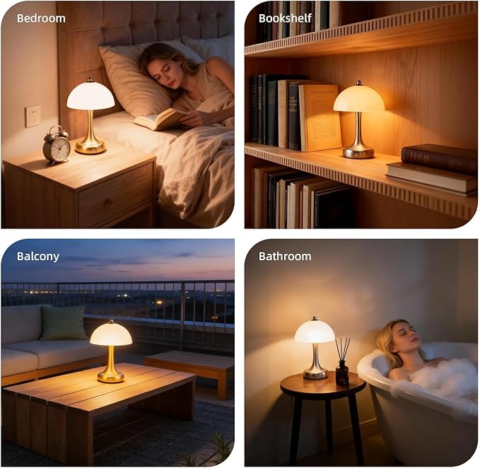 Rechargeable Cordless Table Lamp, Mushroom Touch Lamp with 3-Way Dimmable Control, 3000mAh Battery Powered LED Desk Lamp, Small Bedside Lamp for Bedroom, USB Charging, Home & Office Decor, Silver