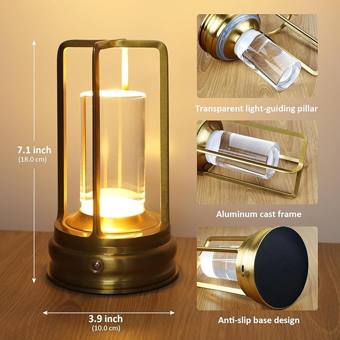4 Pack Gold Cordless Table Lamp - Portable Rechargeable Lamp, Wireless Lamp for Restaurant Home Dinner Dining Kitchen Outdoor Patio with Metal Construction