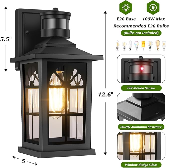 2-Pack Motion Sensor Outdoor Wall Lights, Dusk to Dawn Porch Lights Outdoor Wall Sconces Lanterns, Aluminum Exterior Lighting Fixtures, 3 Lighting Modes Outside Lights for House Front Door Garage