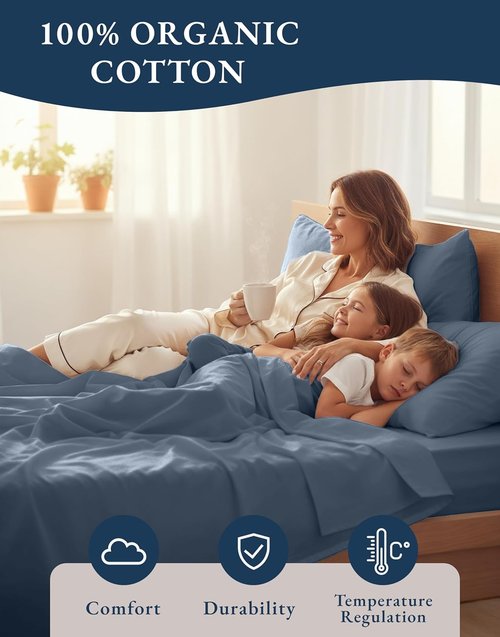 LANE LINEN 100% Organic Cotton King Size Sheets - Soft Percale, Breathable Luxury, Machine Washable - Estate Blue