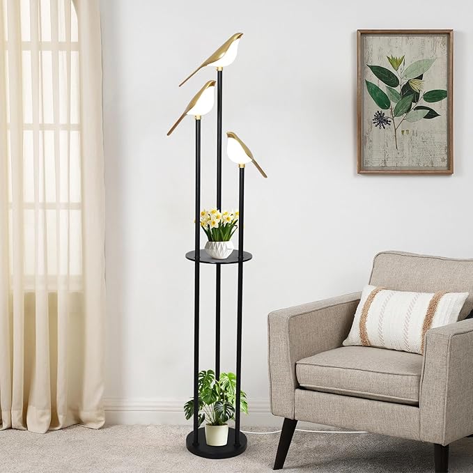 Black and Gold Floor Lamp, Bird Floor Lamp with Shelves, Modern floor Lamps for Living Room, 3-Light Corner Standing Lamp, LED Stand Up Lamp, Tall Lamp for Bedroom, Office, Cute Lighting Decor