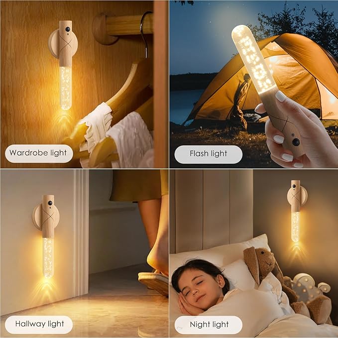 Wall Sconces Set of Two Battery Operated, Motion Sensor Night Light Battery Powered Sconce Rechargeable Wall Sconce, Peel and Stick Sconce Lights for Stair Hallway (White Ash Wood-Bubble)