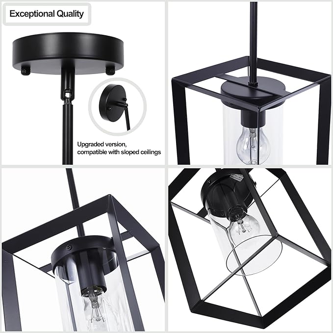 COTULIN 2 Pack Black Pendant Lights for Kitchen Island, Farmhouse 1-Light Iron Cage Metal Hanging Light with Clear Glass Shade, Industrial Lighting Fixtures for Living Room Bedroom Hallway Foyer