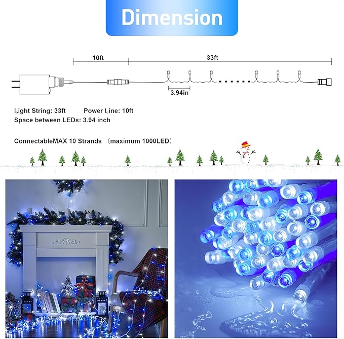 JMEXSUSS 2 Pack 100 LED Blue and White Christmas Lights, 33ft 8 Modes Christmas String Lights Indoor Outdoor, Clear Wire Plug in Twinkle Light for Xmas Bedroom Party Decorations