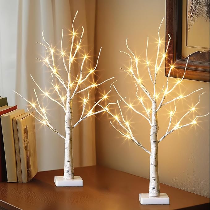 EAMBRITE Lighted Birch Tree Easter Decorations for Home, 2Pack 24 LED Battery Operated/USB Tabletop Mini Small Artificial White Trees with Lights for Christmas Indoor Table Mantel Spring Decor (2FT)