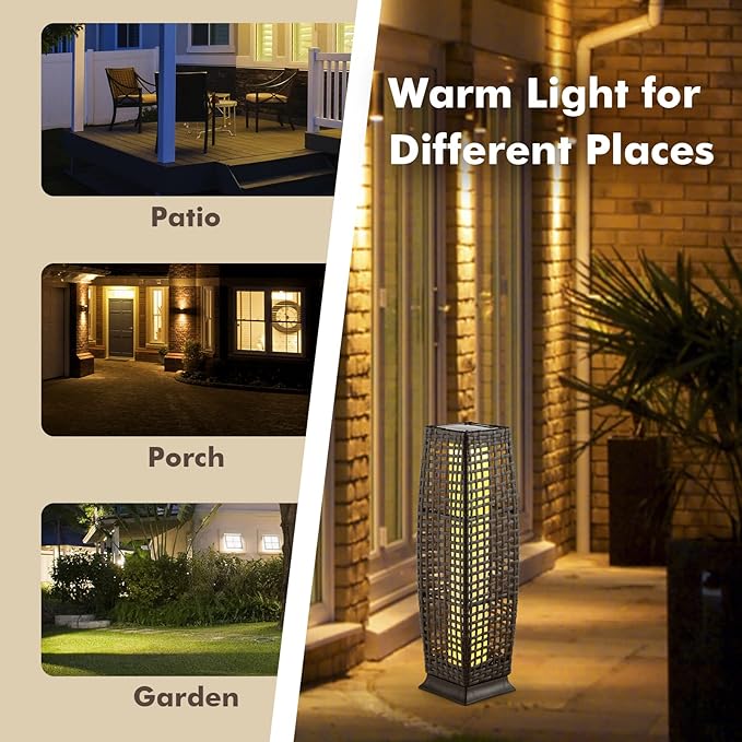 Tangkula 2-Piece Outdoor Solar Powered Floor Lamps, IP65 Waterproof Wicker Floor Lamps with Auto On/Off LED Light, Outdoor Decorative Lanterns for Garden Patio Porch Deck Pathway (Cross-Mix Brown)