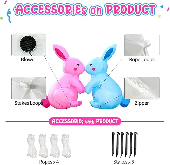 Domkom 6FT Long Easter Inflatable Bunnies Outdoor Decorations, Build-in LED Lights Holiday Blow Up Yard Decoration, for Easter, Outdoor,Garden, Yard Lawn Décor