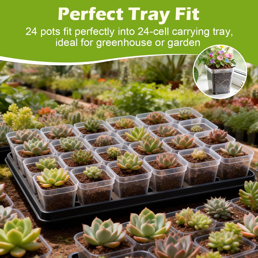 RooTrimmer 2.7 Inch Square Nursery Pots, 60 Packs Clear Seedling Pots with Drainage Holes, Reusable Propagation Pots Small Plant Container for Indoor Outdoor Gardening