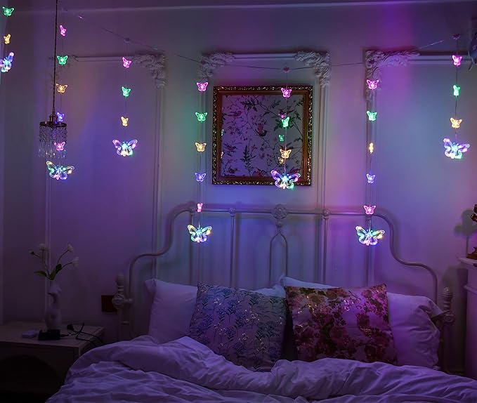 YOLIGHT Butterfly Curtain Lights for Bedroom 9.8ft LED Twinkle Fairy Light with Remote Timer Cute String Lights Wall Décor for Kids Girls Room Bed Canopy Wedding Easter Decoration (Multicolor)