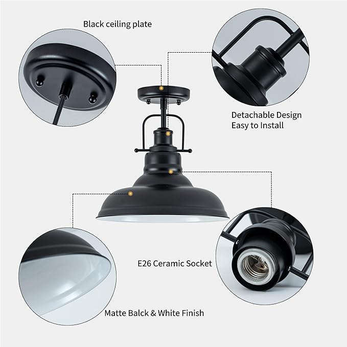 Famrhouse Ceiling Light, Semi Flush Mount Light Fixture with Metal Dome Shade, Balck Ceiling Light for Hallway, Entryway,Kitchen
