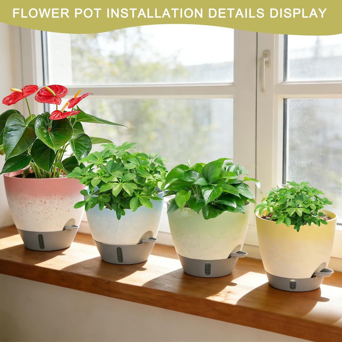 YUNLINGAA 4-Piece Planter Set, 12/10/9/8-inch Self-Watering Pots with Drainage Holes, Deep Trays, Water Level Indicators, Suitable for Plants (12/10/9/8-inch, White Gradient Design)