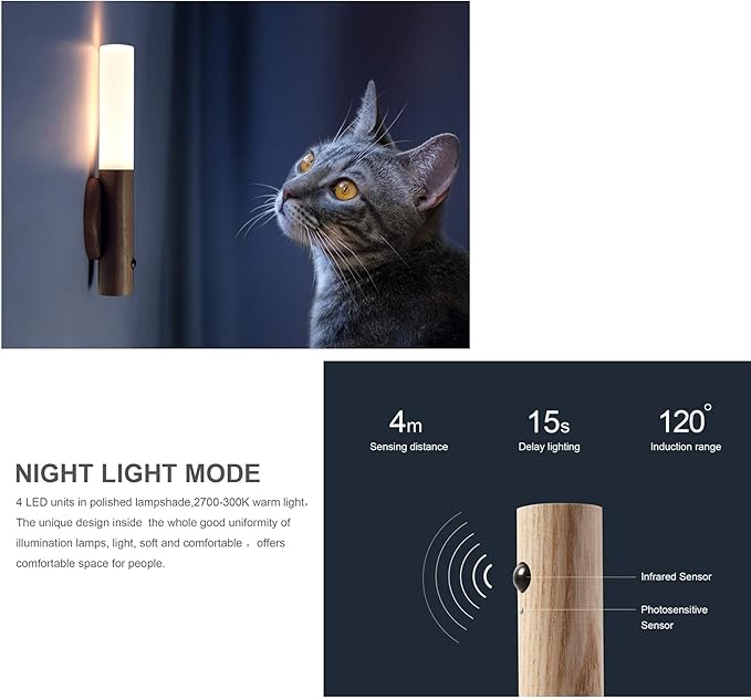Motion Sensor Night Light, Motion Activated Night Light,Wall Lights Battery Operated,Rechargeable Wall Lights,Suitable for Kids Bathroom,Corridors, Closet ,Stairs, Bedrooms (Walnut Wood 1PC)