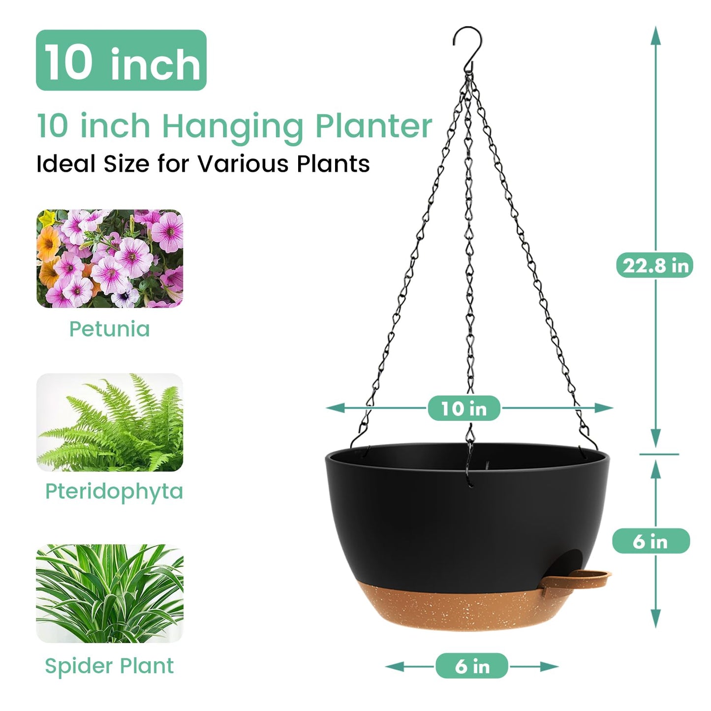 UOUZ Set of 3-10 Inch Self Watering Hanging Planters for Indoor Outdoor,Hanging Plant Pots with Drainage & Removable Tray, Hanging Pots Holder for Ivy, Pothos, Ferns, Balcony & Patio, Black with Brown
