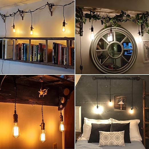 Vintage Pendant Light Kit Cord with Dimming Switch and Triple E26/E27 Industrial Light Socket Lamp Holder 25FT Twisted Black Cloth Bulb Cord Plug in Hanging Light Fixture